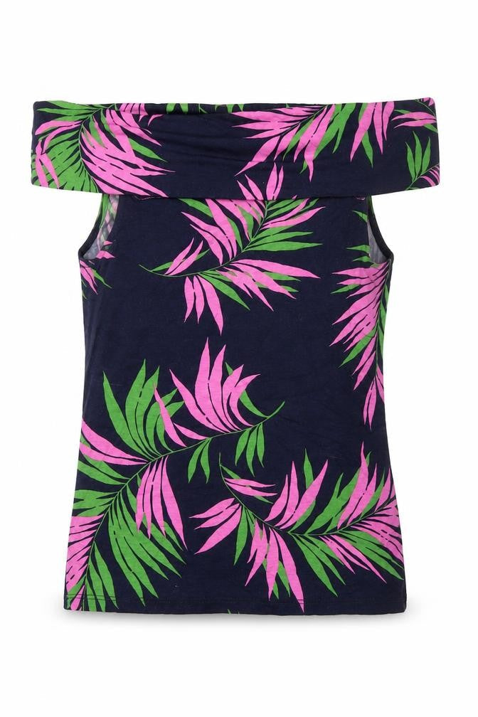 Warehouse Womens Blue Geometric Viscose Basic T-Shirt Size 10 Off the Shoulder - Leaf Print
