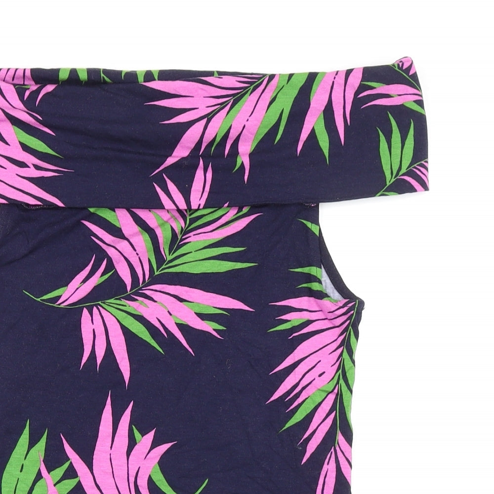 Warehouse Womens Blue Geometric Viscose Basic T-Shirt Size 10 Off the Shoulder - Leaf Print