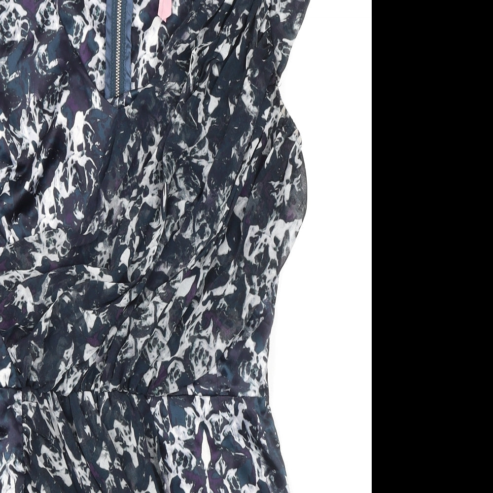 Lipsy Womens Multicoloured Geometric Polyester Mini Size 10 V-Neck Zip - Ruffle Sleeve