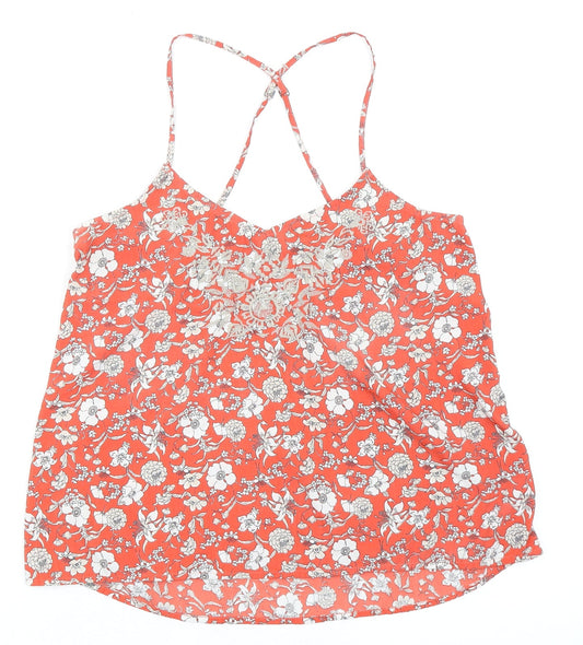 Hollister Womens Orange Floral Polyester Basic Tank Size XS V-Neck