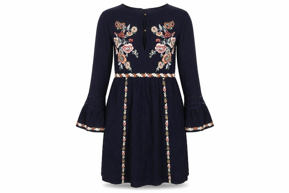 Front view of Sfera women’s blue floral viscose mini, size S, boat neck pullover - flared sleeve