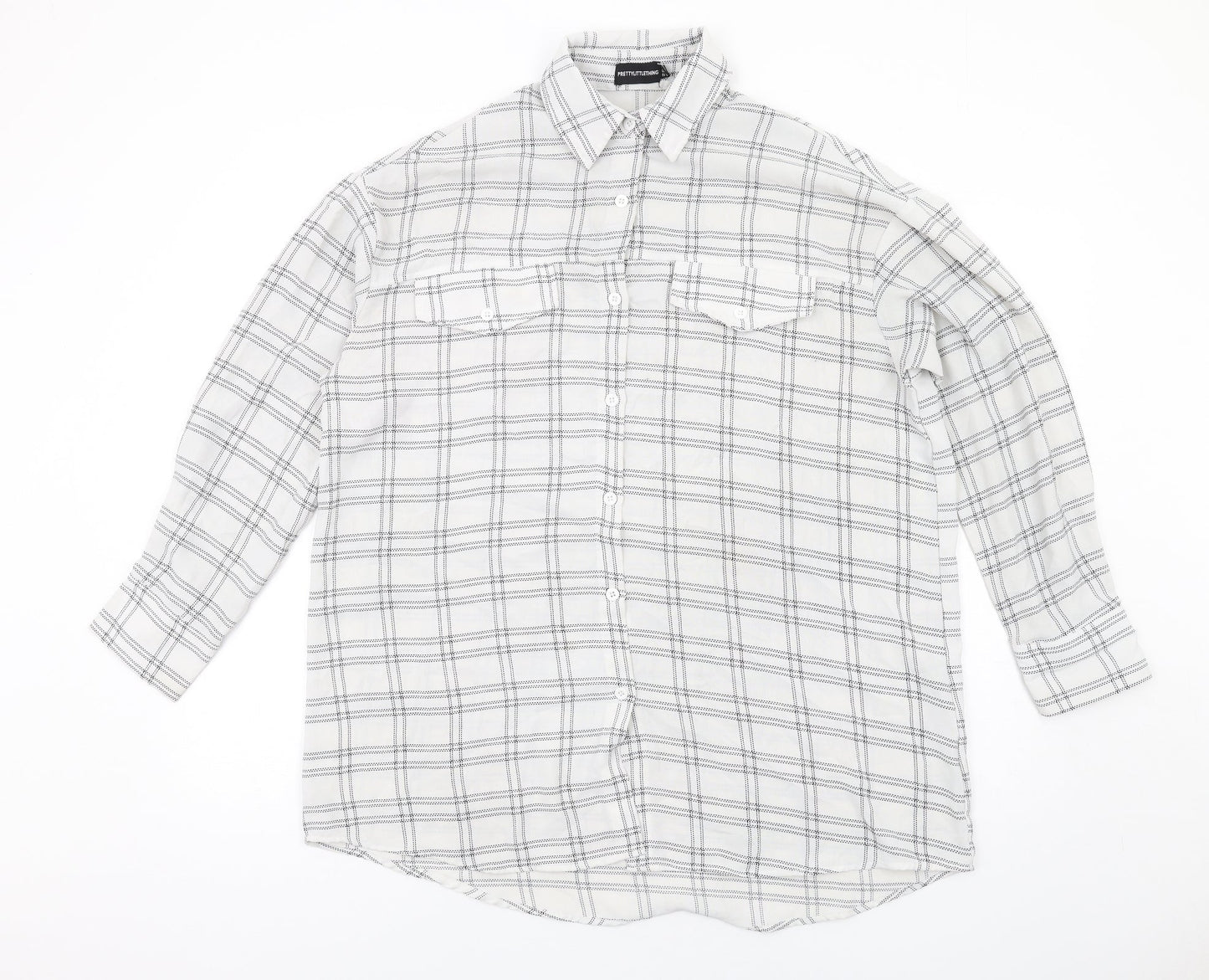 PRETTYLITTLETHING Womens White Check Polyester Basic Button-Up Size 10 Collared