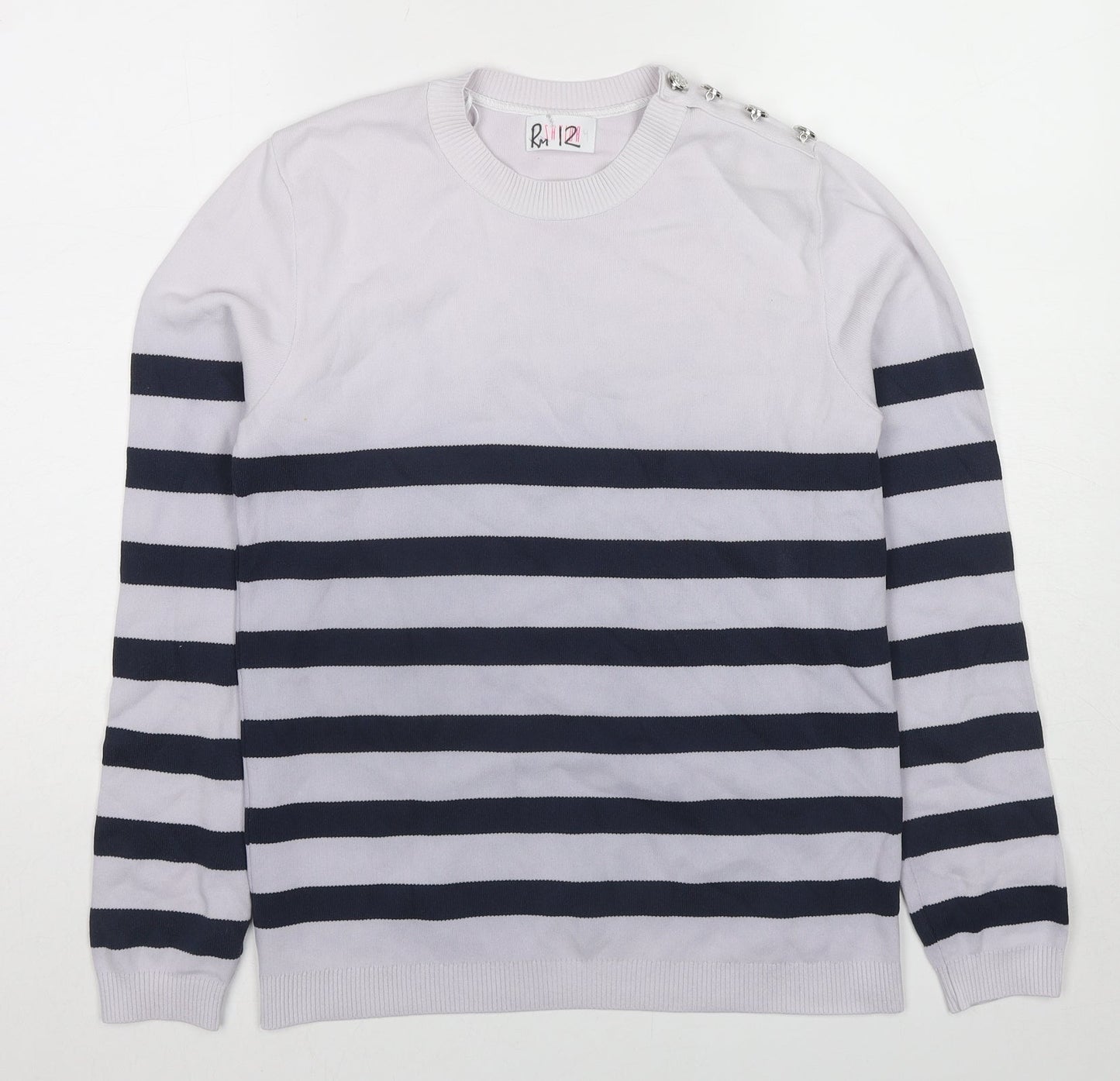 Savida Womens Blue Round Neck Striped Polyamide Pullover Jumper Size L