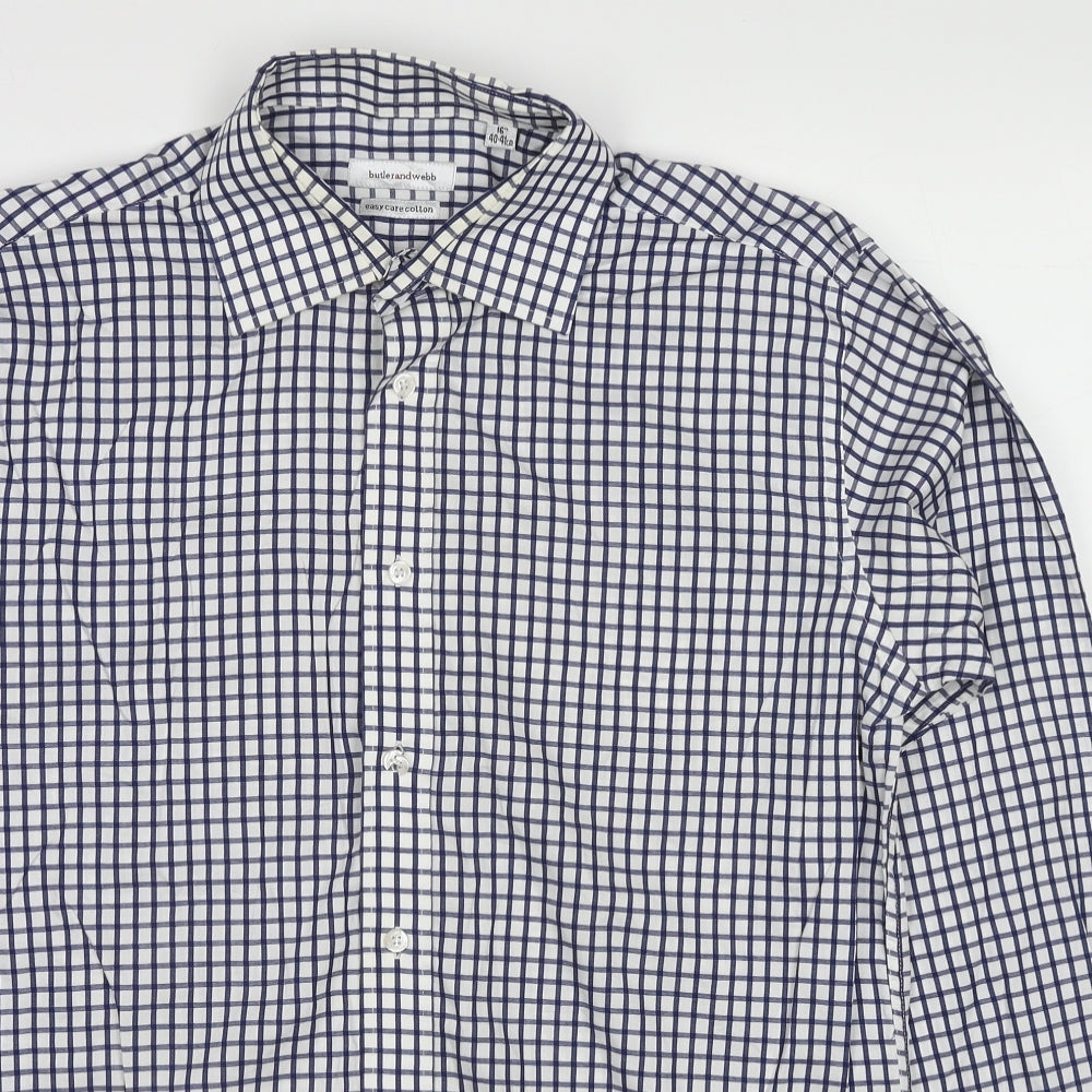 Butler and Webb Mens Blue Check Cotton Button-Up Size 16 Collared Button
