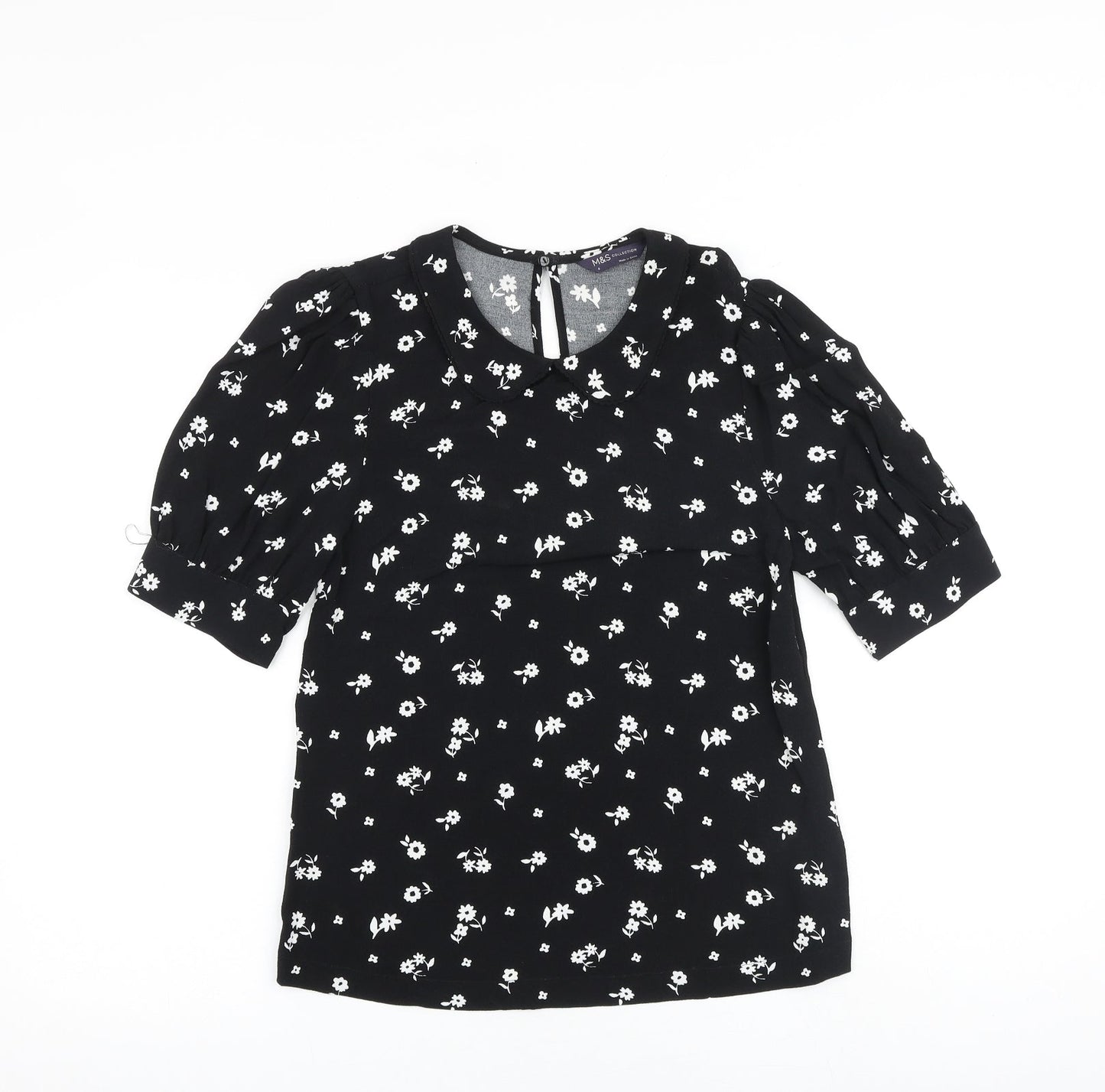 Marks and Spencer Womens Black Floral Viscose Basic Blouse Size 6 Round Neck