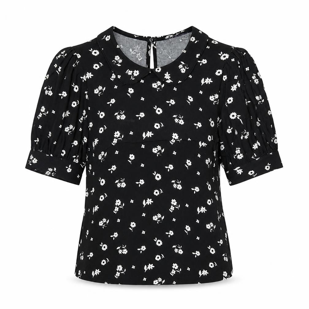 Marks and Spencer Womens Black Floral Viscose Basic Blouse Size 6 Round Neck