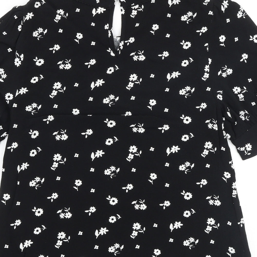 Marks and Spencer Womens Black Floral Viscose Basic Blouse Size 6 Round Neck