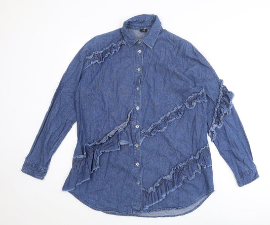 River Island Womens Blue Cotton Basic Button-Up Size 8 Collared