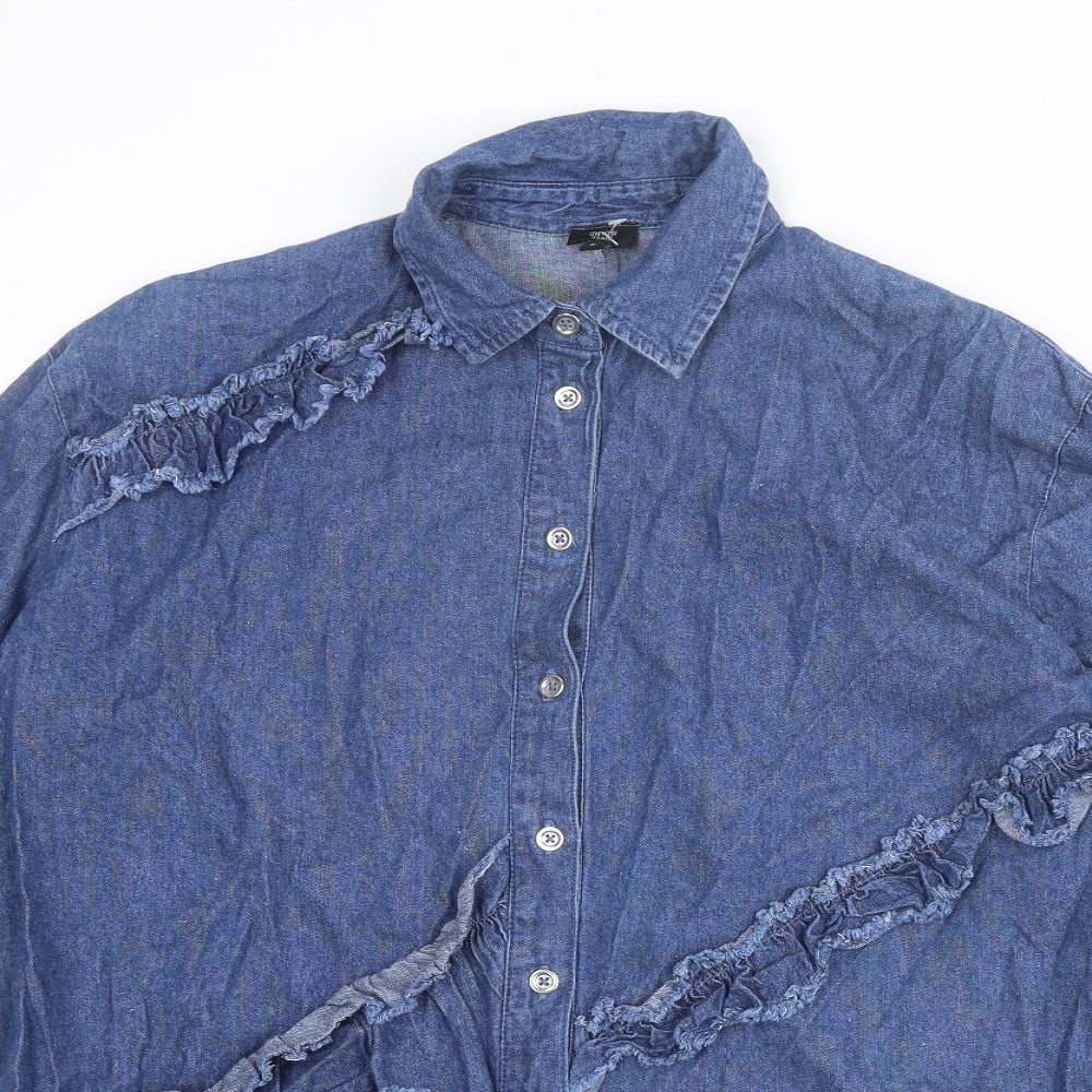River Island Womens Blue Cotton Basic Button-Up Size 8 Collared