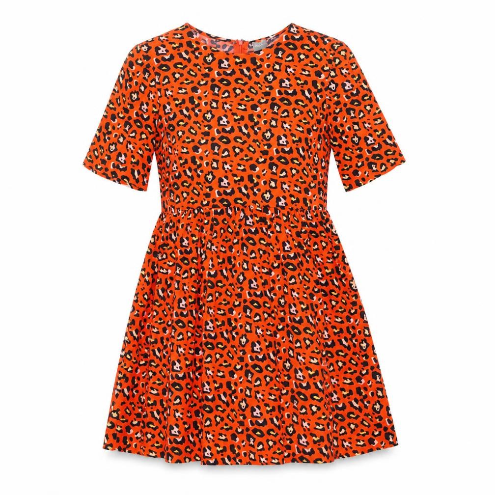 Front view of ASOS women’s orange animal print viscose a-line, size UK 10, round neck zip - leopard pattern