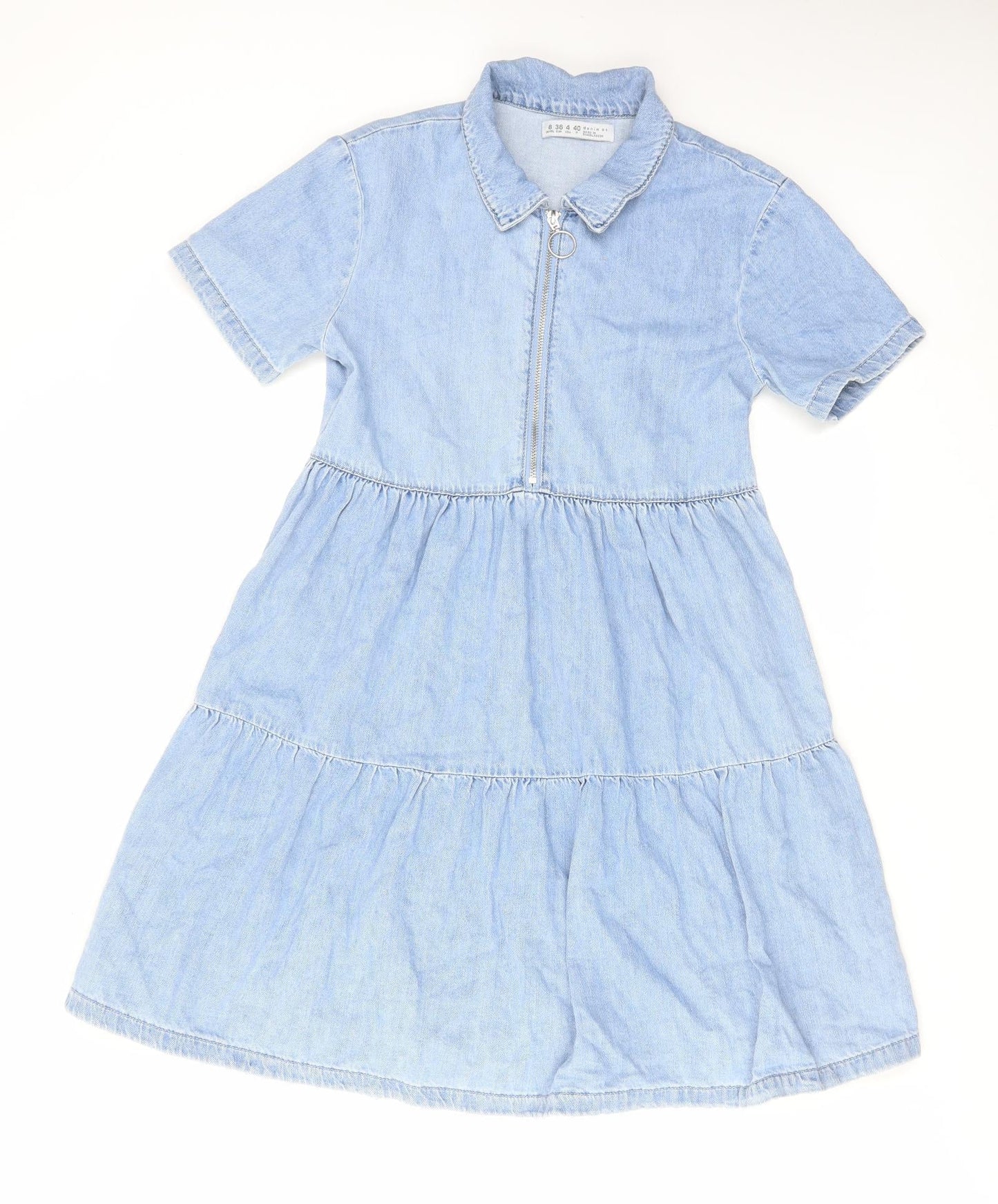 Denim & Co. Womens Blue Cotton A-Line Size 8 Collared Zip