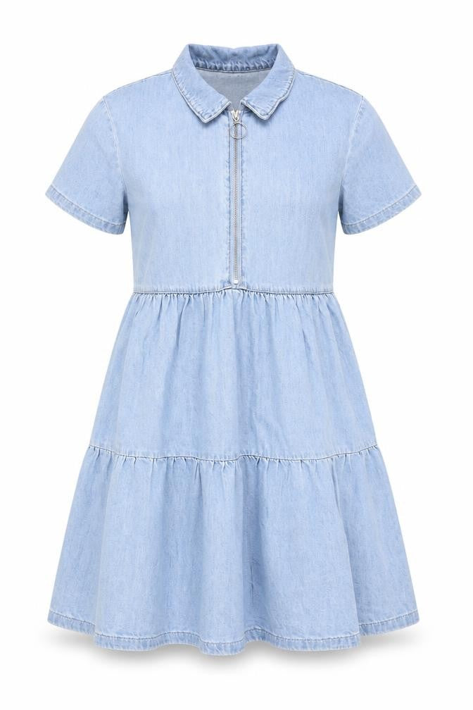 Front view of Denim & Co. women’s blue cotton a-line, size UK 8, collared zip