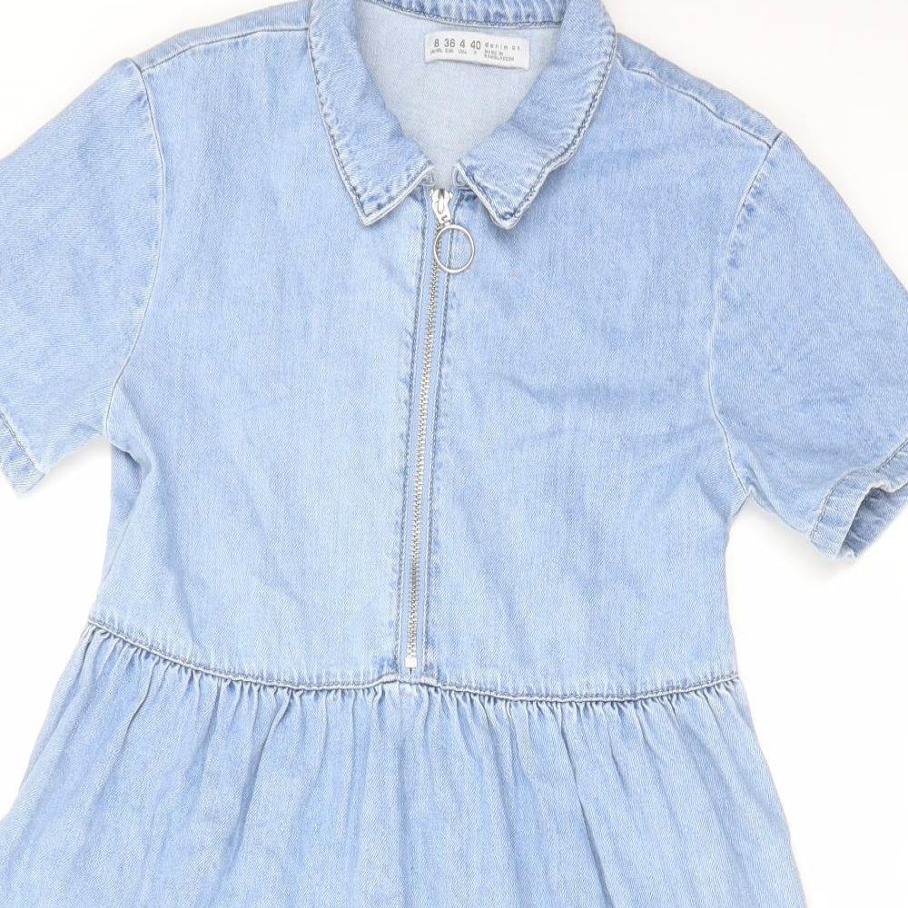Denim & Co. Womens Blue Cotton A-Line Size 8 Collared Zip