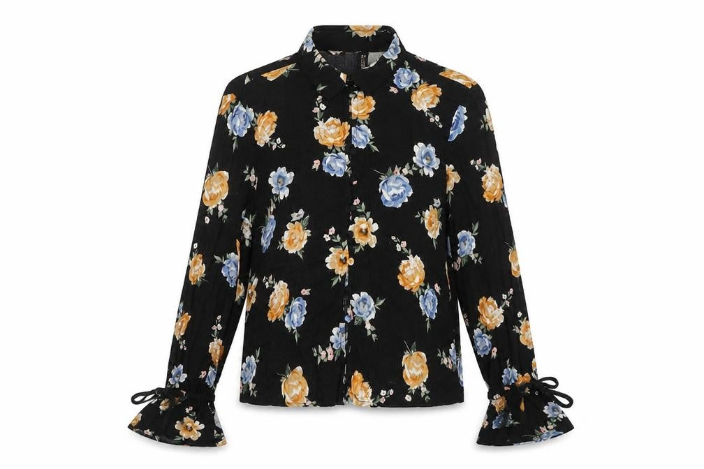 Divided by H&M Womens Black Floral Viscose Basic Button-Up Size 6 Collared