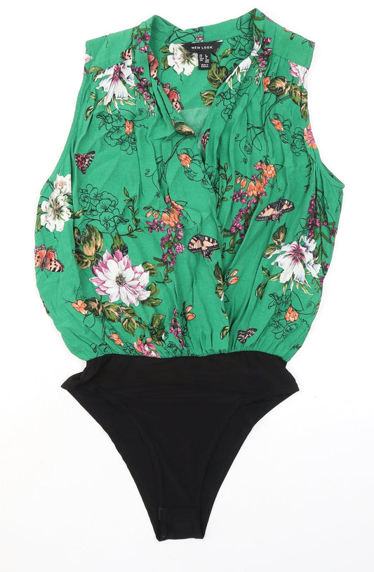 New Look Womens Green Floral Viscose Bodysuit One-Piece Size 8 Snap