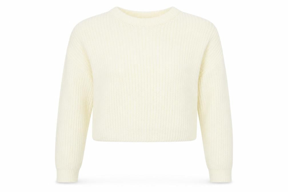Front view of Missguided women’s white round neck acrylic jumper, size S