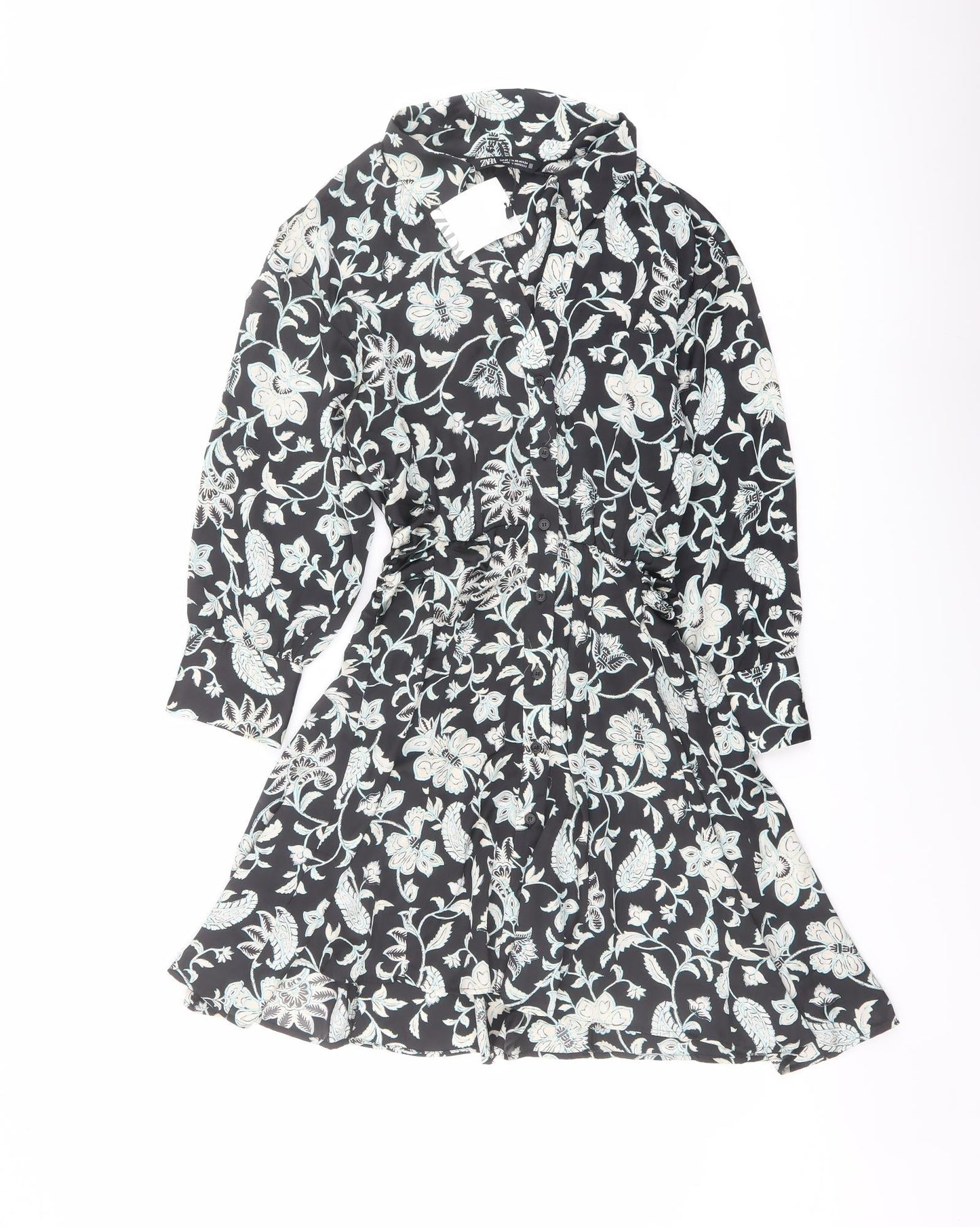 Zara Womens Black Floral Polyester A-Line Size XS Collared Button