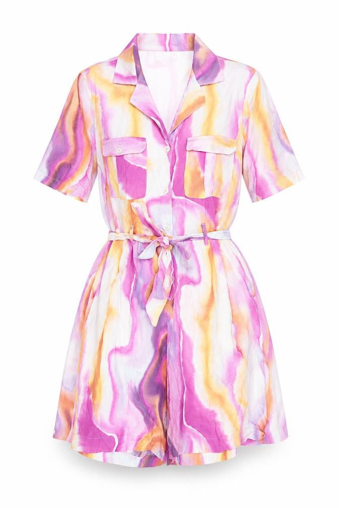 Front view of ICHI women’s multicoloured geometric viscose playsuit one-piece, size UK 8, button