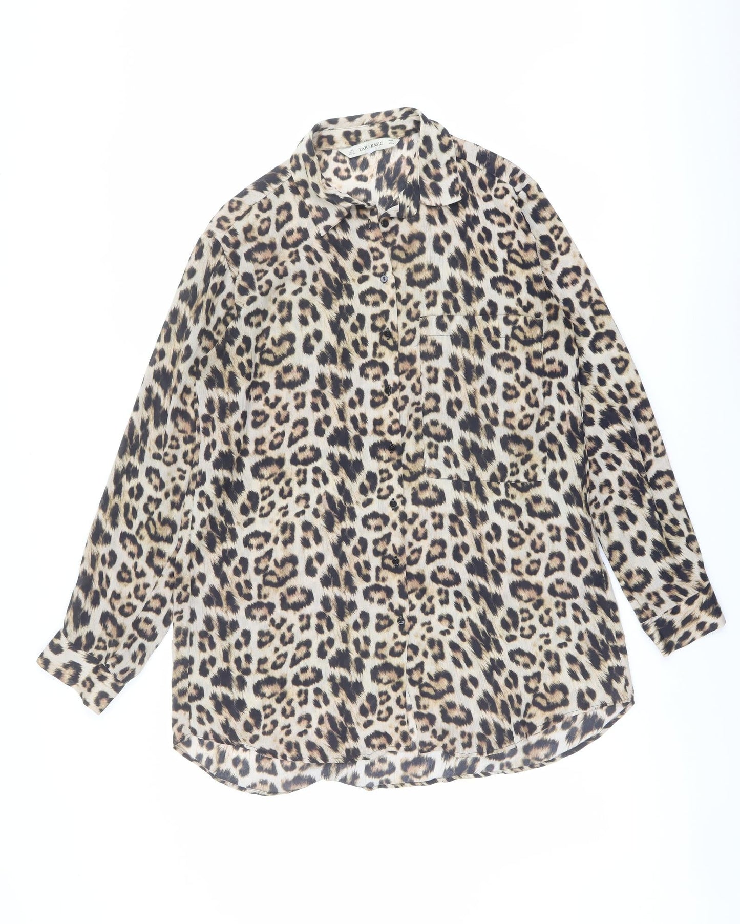 Zara Womens Brown Animal Print Polyester Tunic Button-Up Size S Collared - Leopard Print