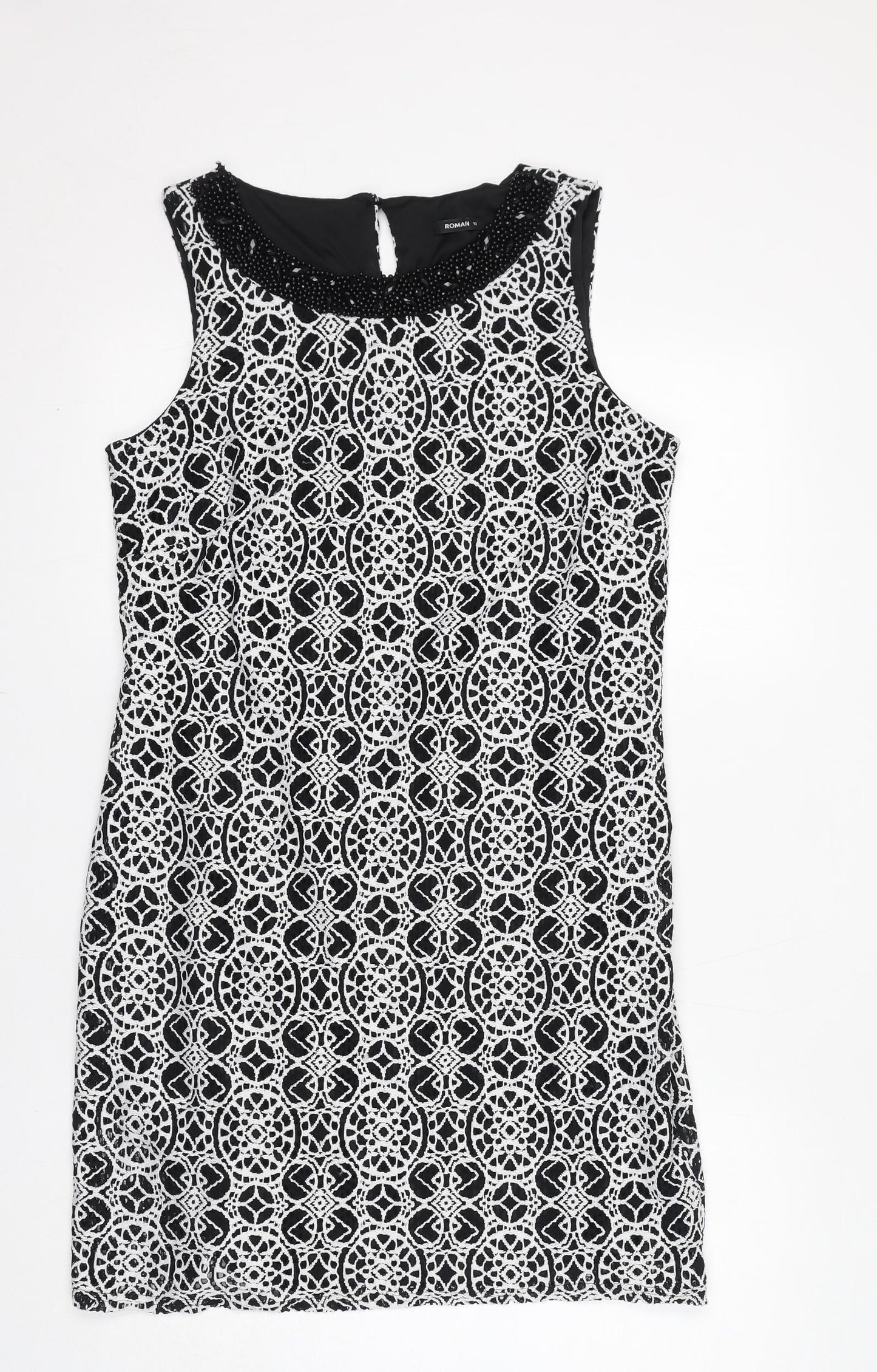 Roman Womens Black Geometric Polyimide Shift Size 12 Boat Neck Pullover