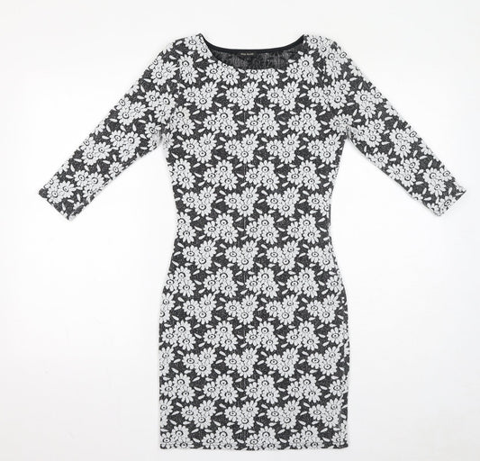 River Island Womens Black Floral Polyester Bodycon Size 6 Boat Neck Pullover