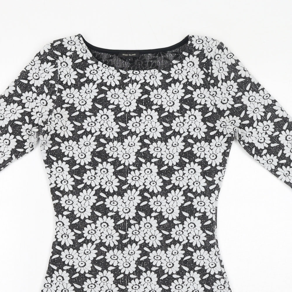 River Island Womens Black Floral Polyester Bodycon Size 6 Boat Neck Pullover