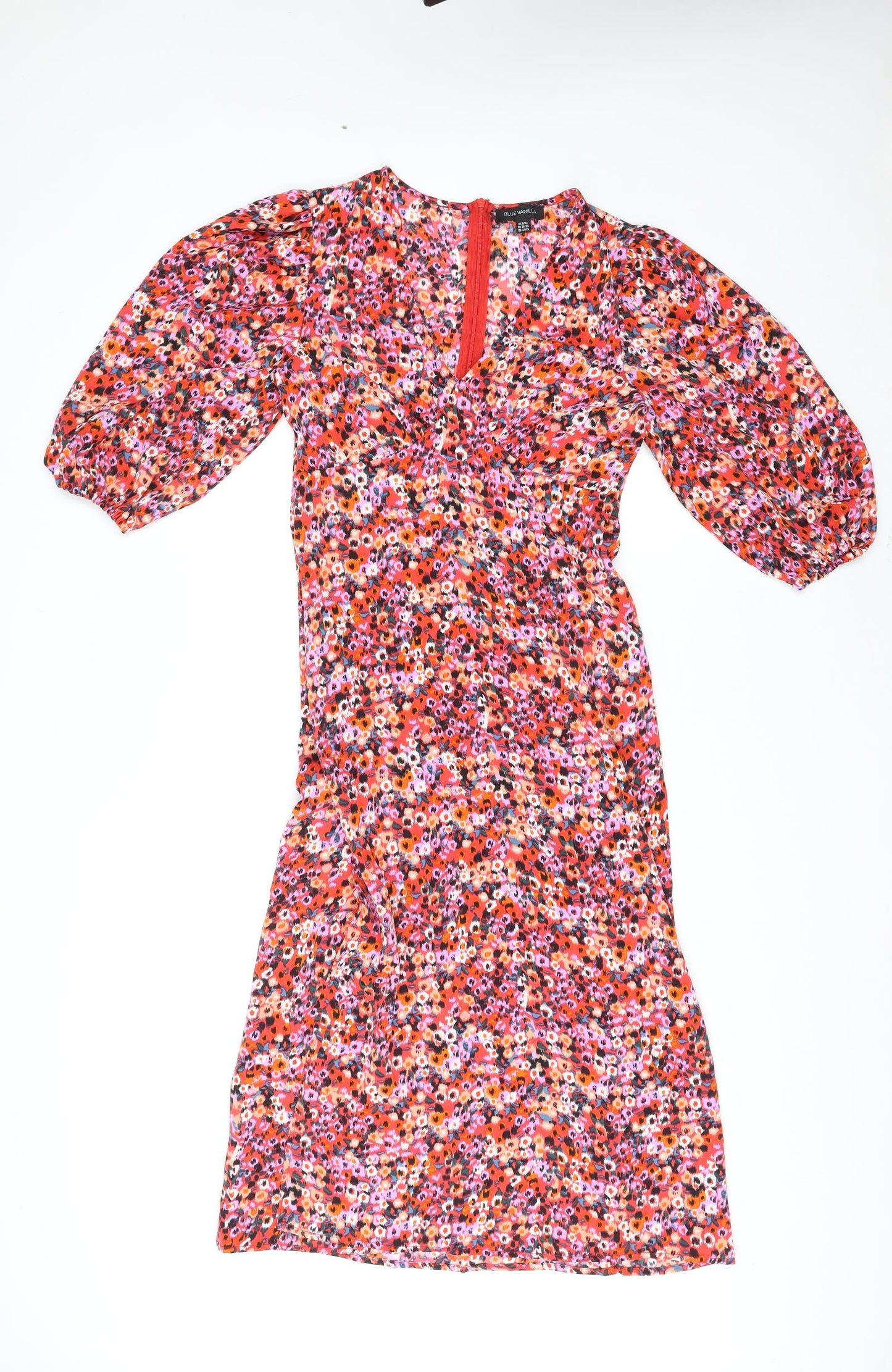 Blue Vanilla Womens Multicoloured Floral Polyester A-Line Size 8 V-Neck Zip