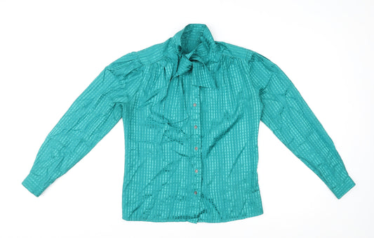 St Michael Womens Green Geometric Polyester Basic Button-Up Size 10 High Neck - Tie Neck Detail