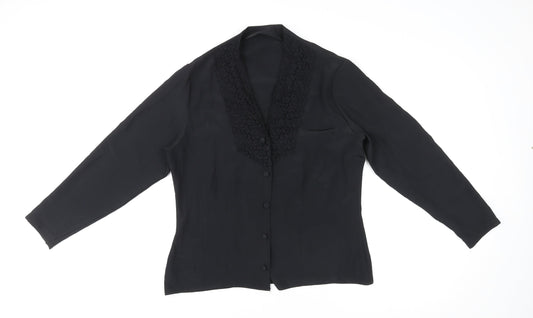 St Michael Womens Black Polyester Basic Button-Up Size 12 V-Neck - Crocheted Lace Detail