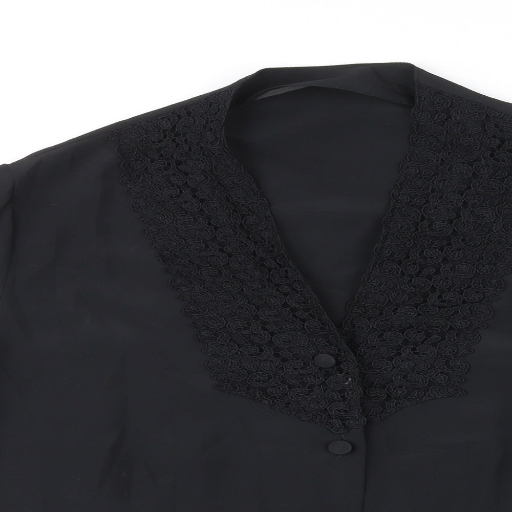 St Michael Womens Black Polyester Basic Button-Up Size 12 V-Neck - Crocheted Lace Detail