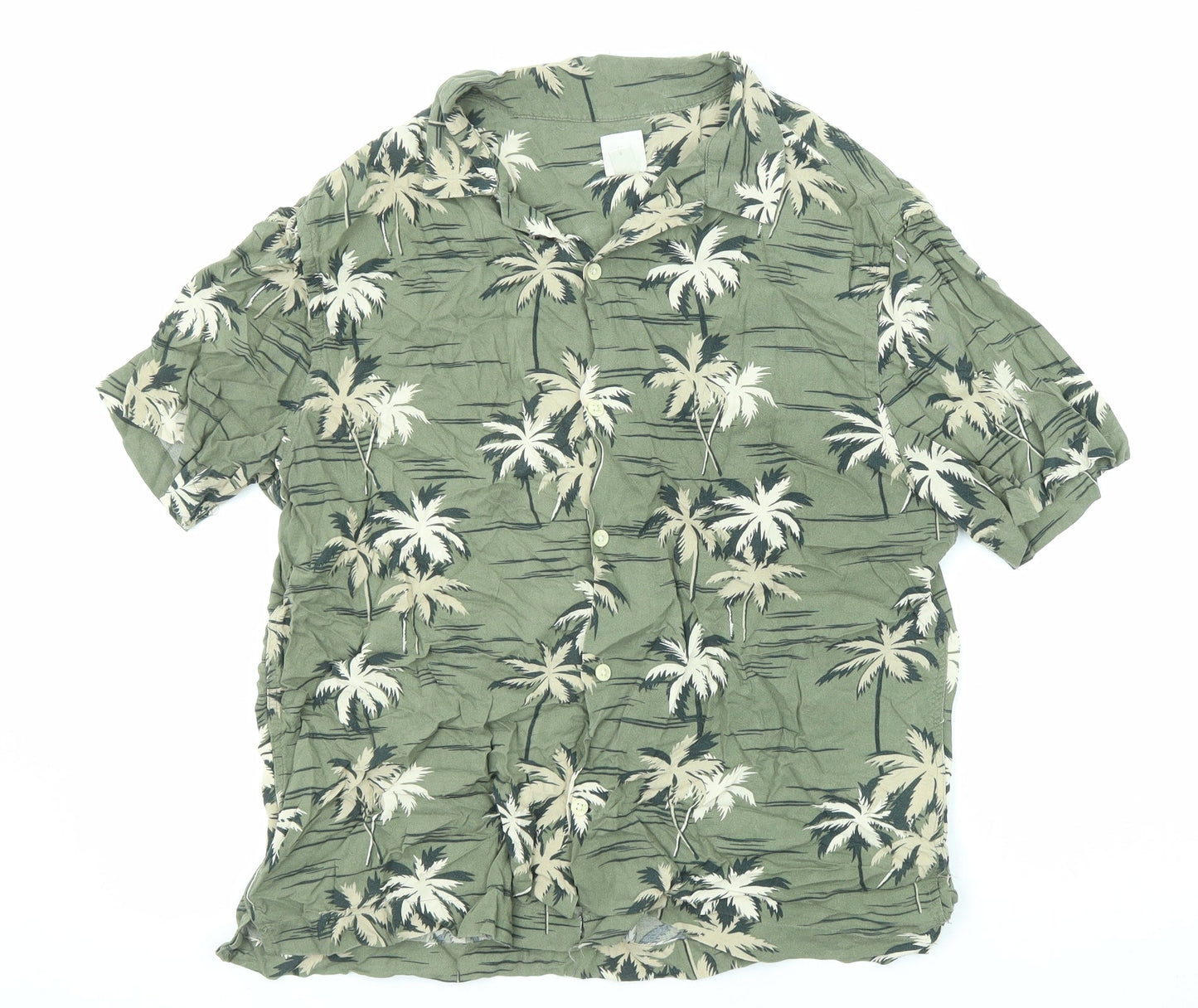 H&M Womens Green Geometric Viscose Basic Button-Up Size S Collared - Palm Print