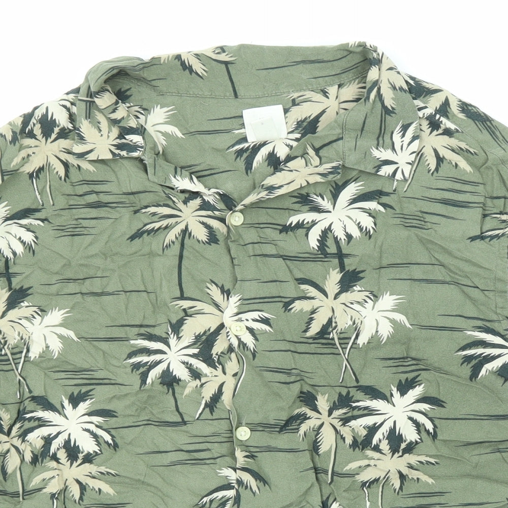 H&M Womens Green Geometric Viscose Basic Button-Up Size S Collared - Palm Print