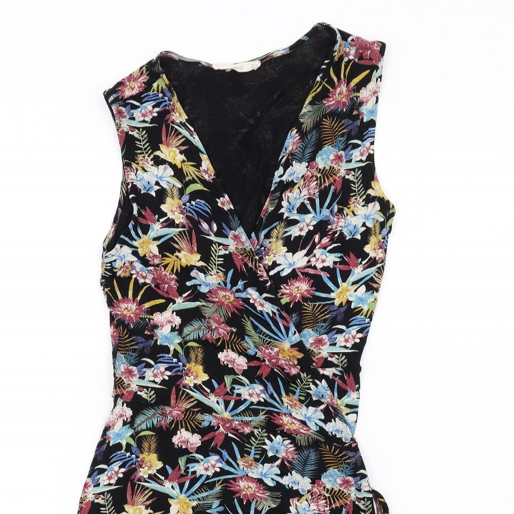 Mango Womens Multicoloured Floral Viscose A-Line Size S V-Neck Tie