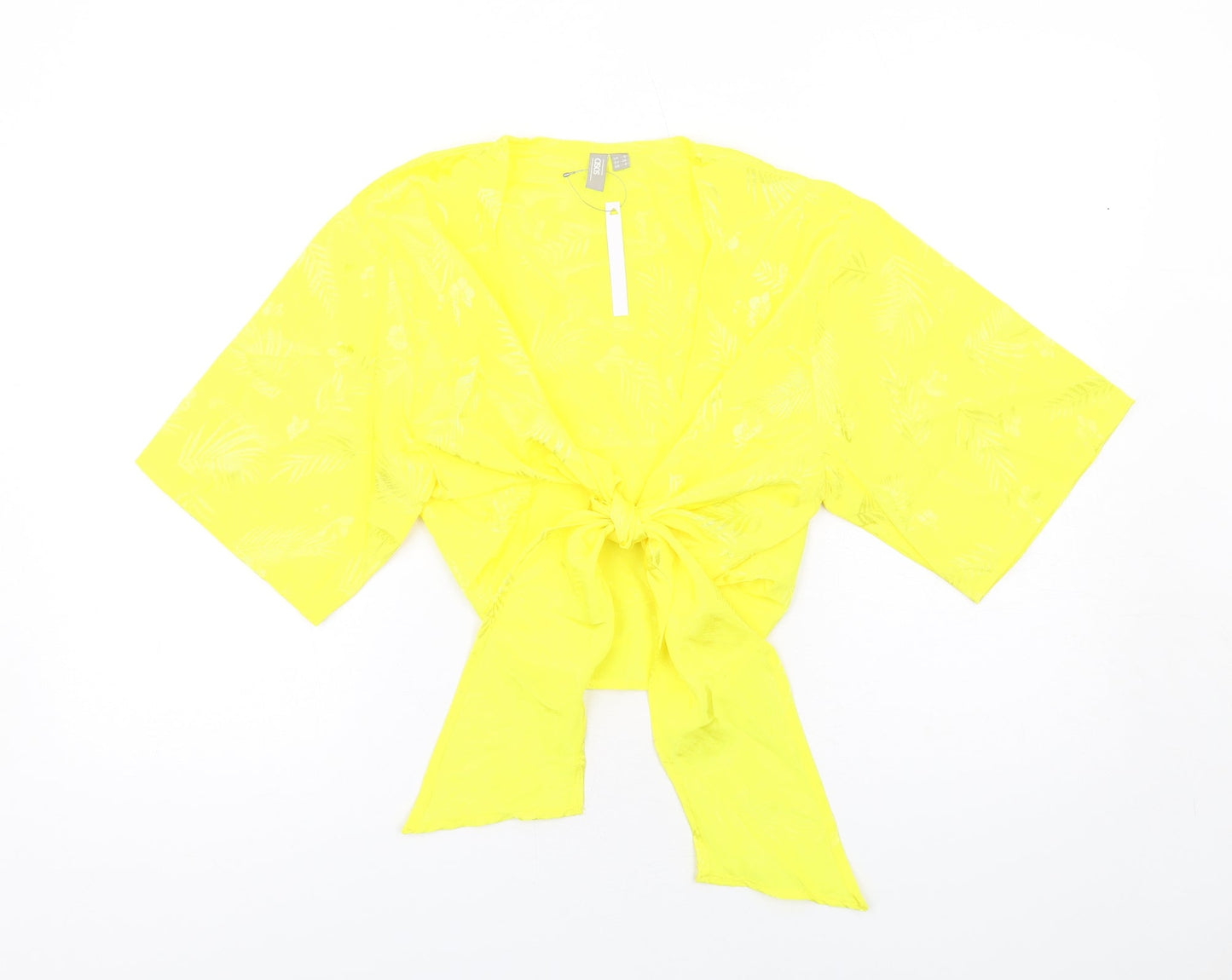 ASOS Womens Yellow Geometric Polyester Basic Blouse Size 8 V-Neck - Tie Front Detail