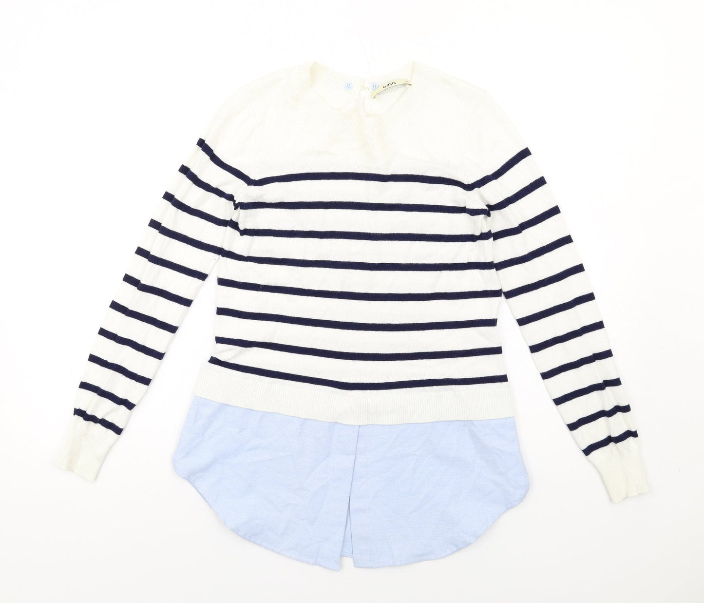 Oasis Womens White Round Neck Striped Cotton Pullover Jumper Size XS