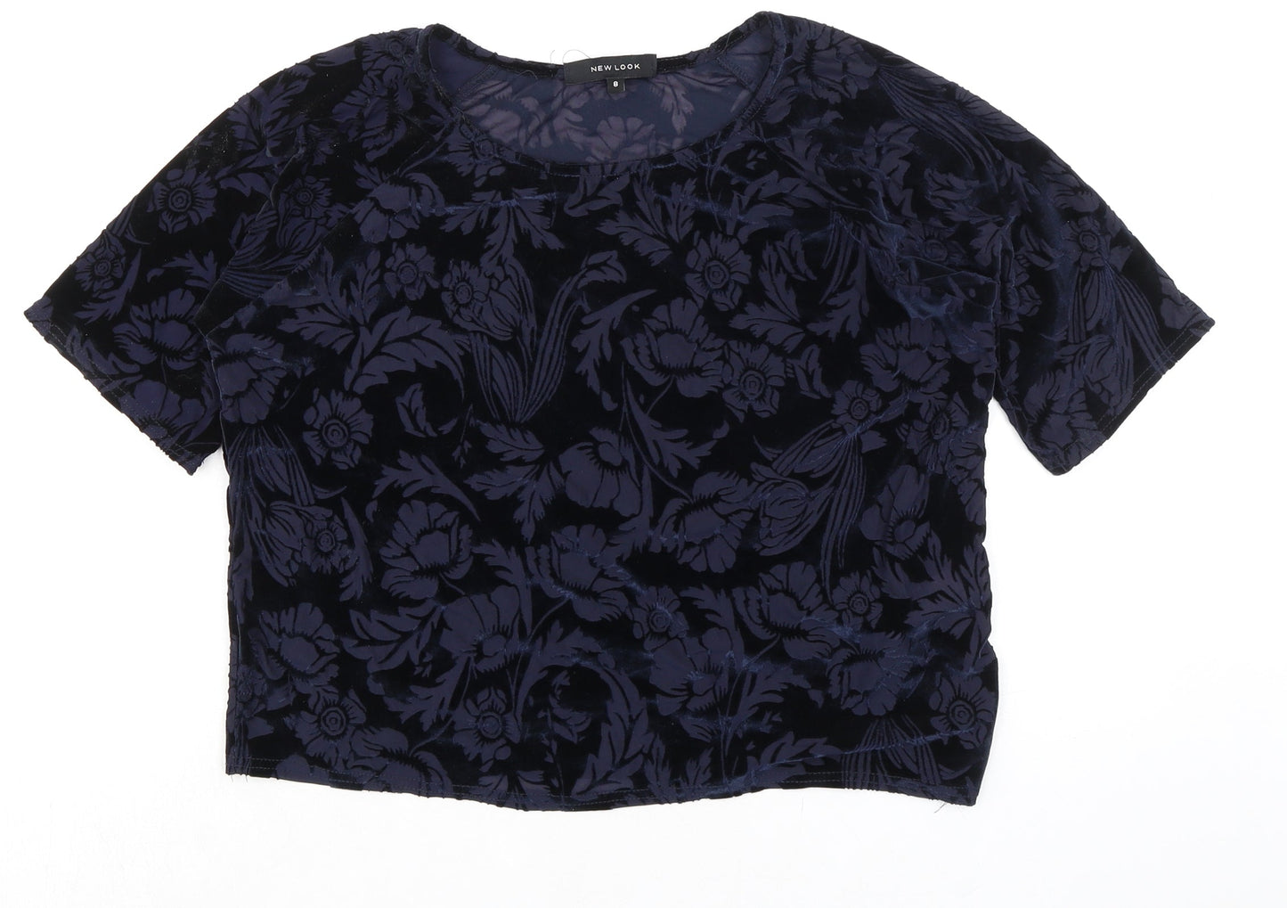 New Look Womens Blue Floral Polyester Basic Blouse Size 8 Boat Neck