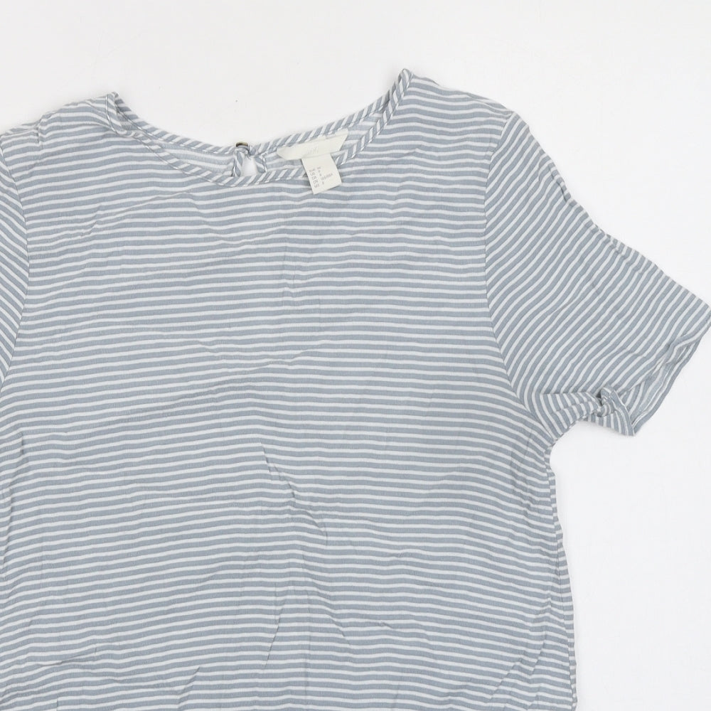 H&M Womens Grey Striped Viscose Basic T-Shirt Size 10 Round Neck