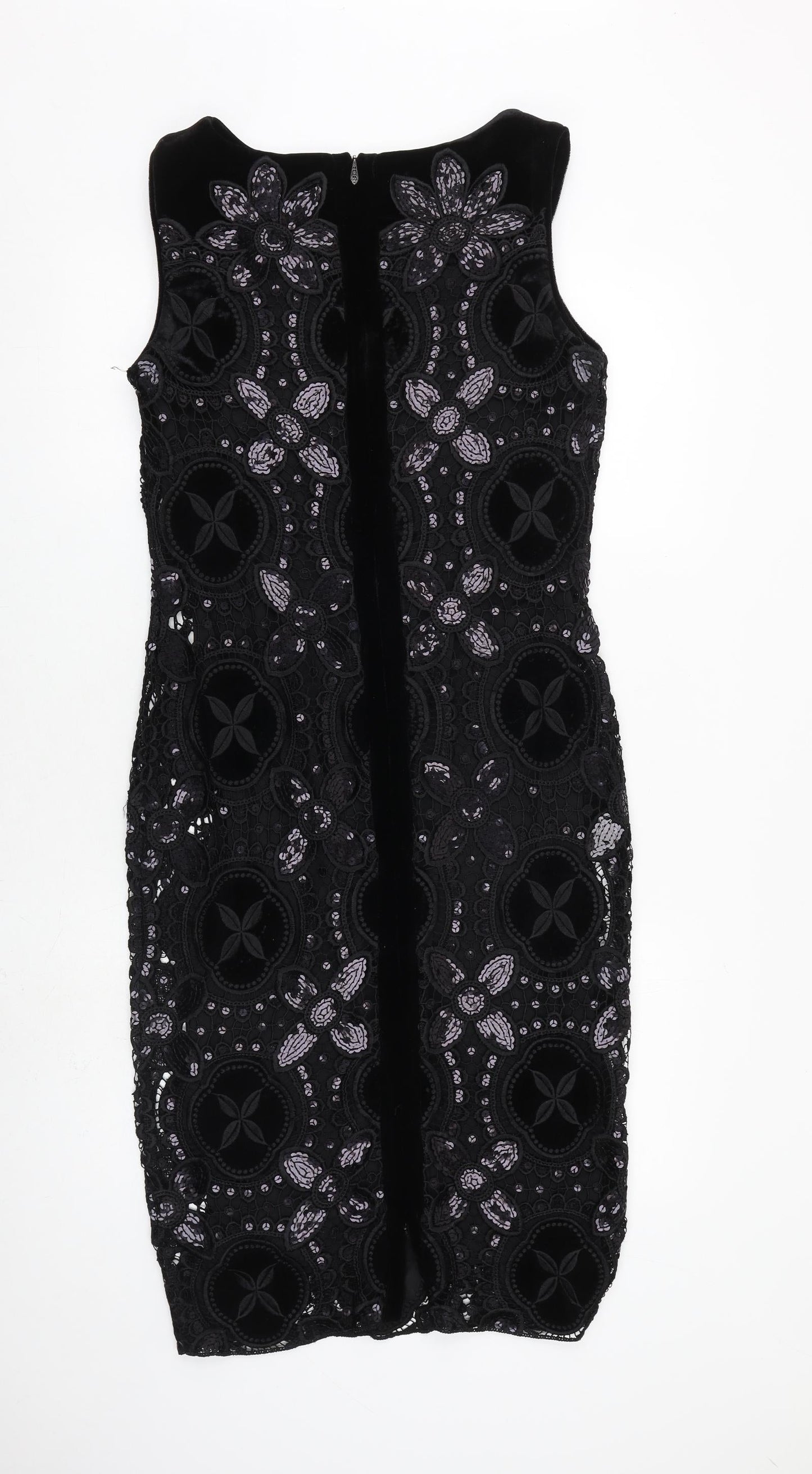 Damsel in a Dress Womens Black Geometric Polyester Shift Size 12 Boat Neck Zip
