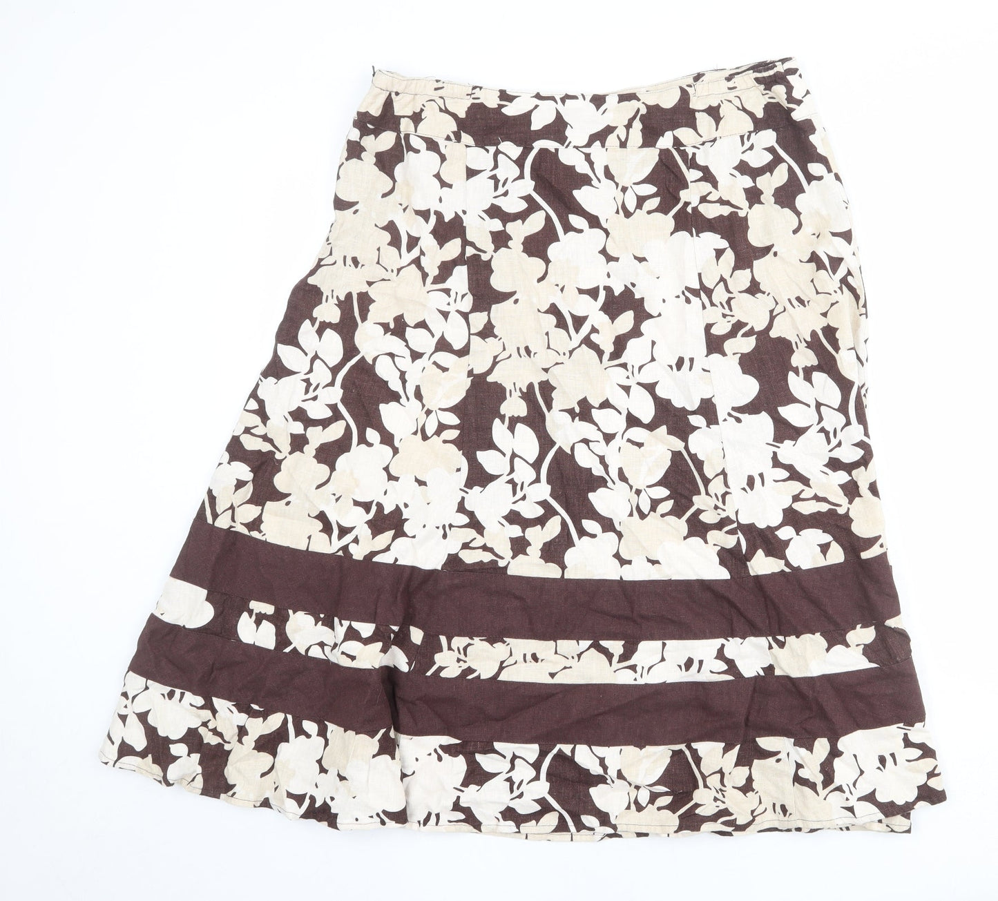 Damart Womens Beige Floral Linen A-Line Skirt Size 16 Zip