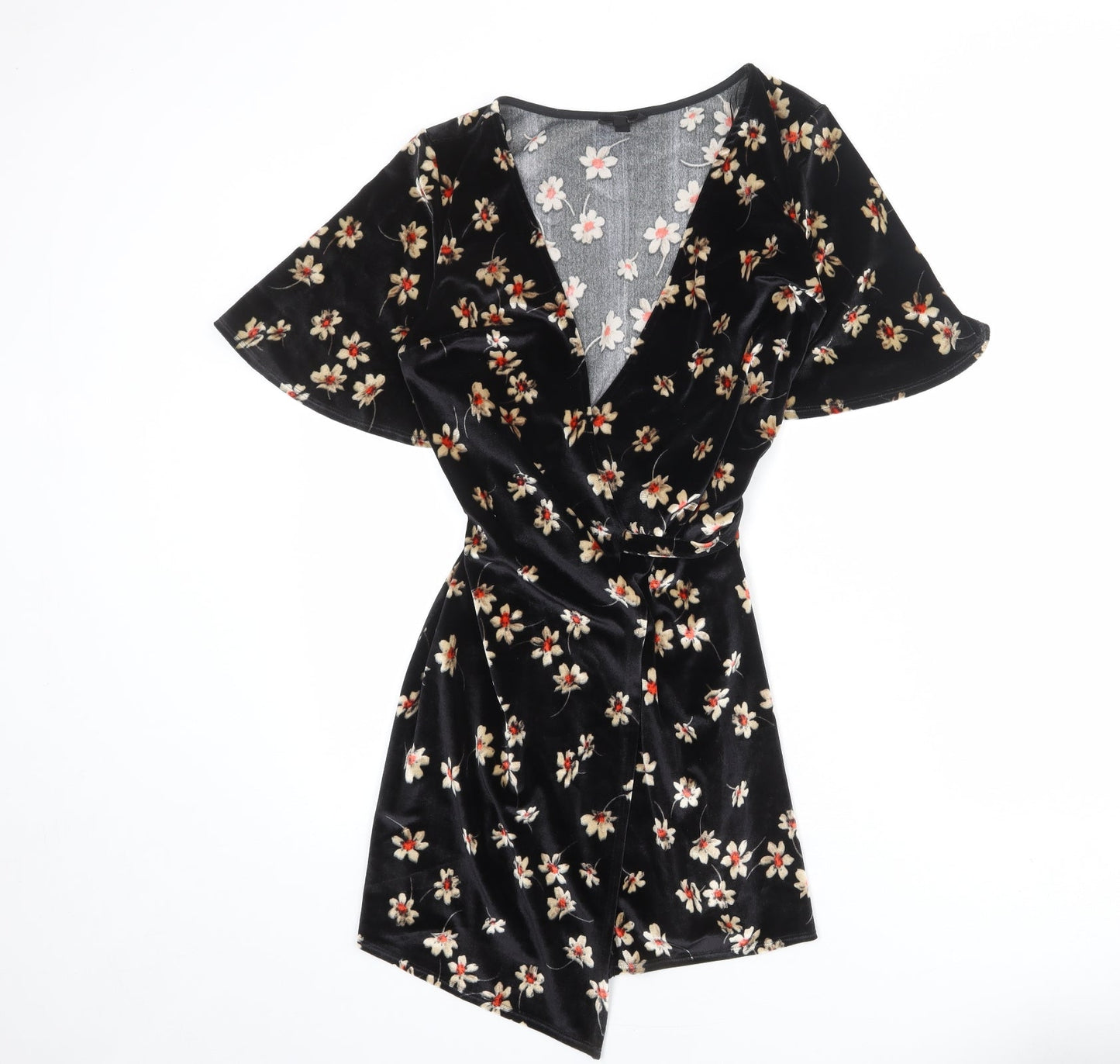 Topshop Womens Black Floral Polyester Wrap Dress Size 10 V-Neck Tie - Angel Sleeve