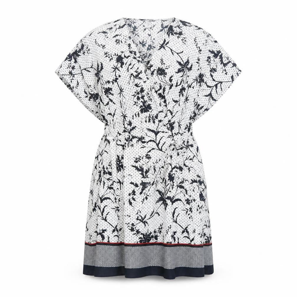 Front view of French Connection women’s white geometric polyester a-line, size UK 8, v-neck tie