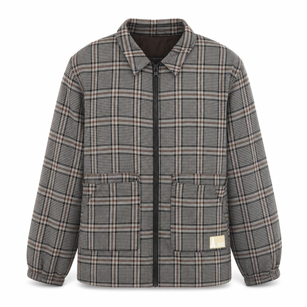 Front view of ASOS women’s grey plaid jacket, size L, zip
