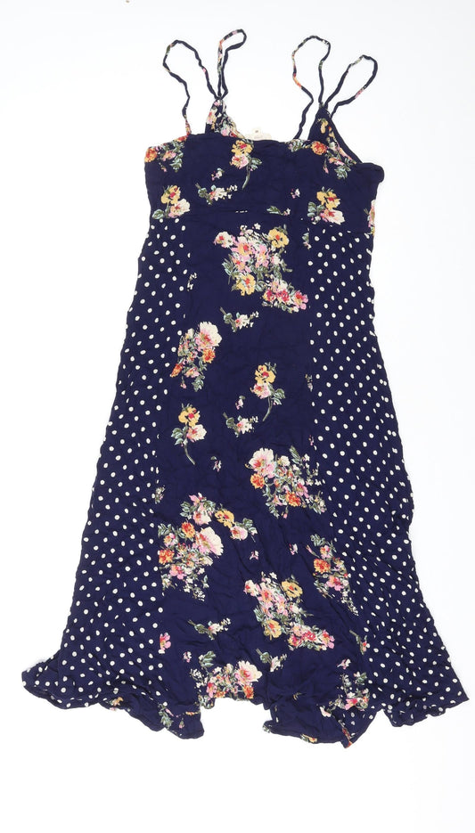 Earth Angel Womens Blue Floral Viscose Slip Dress Size M V-Neck Button