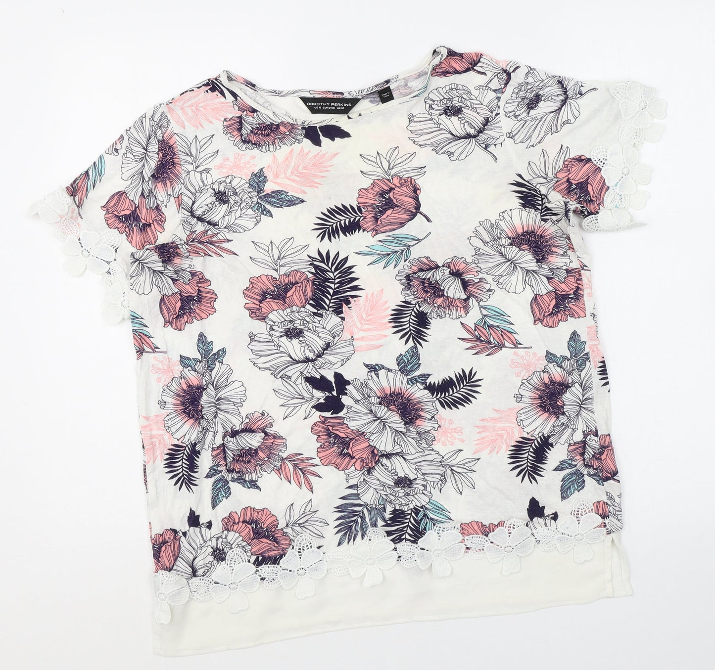 Dorothy Perkins Womens White Floral Polyester Basic Blouse Size 12 Boat Neck - Crocheted Lace Trim