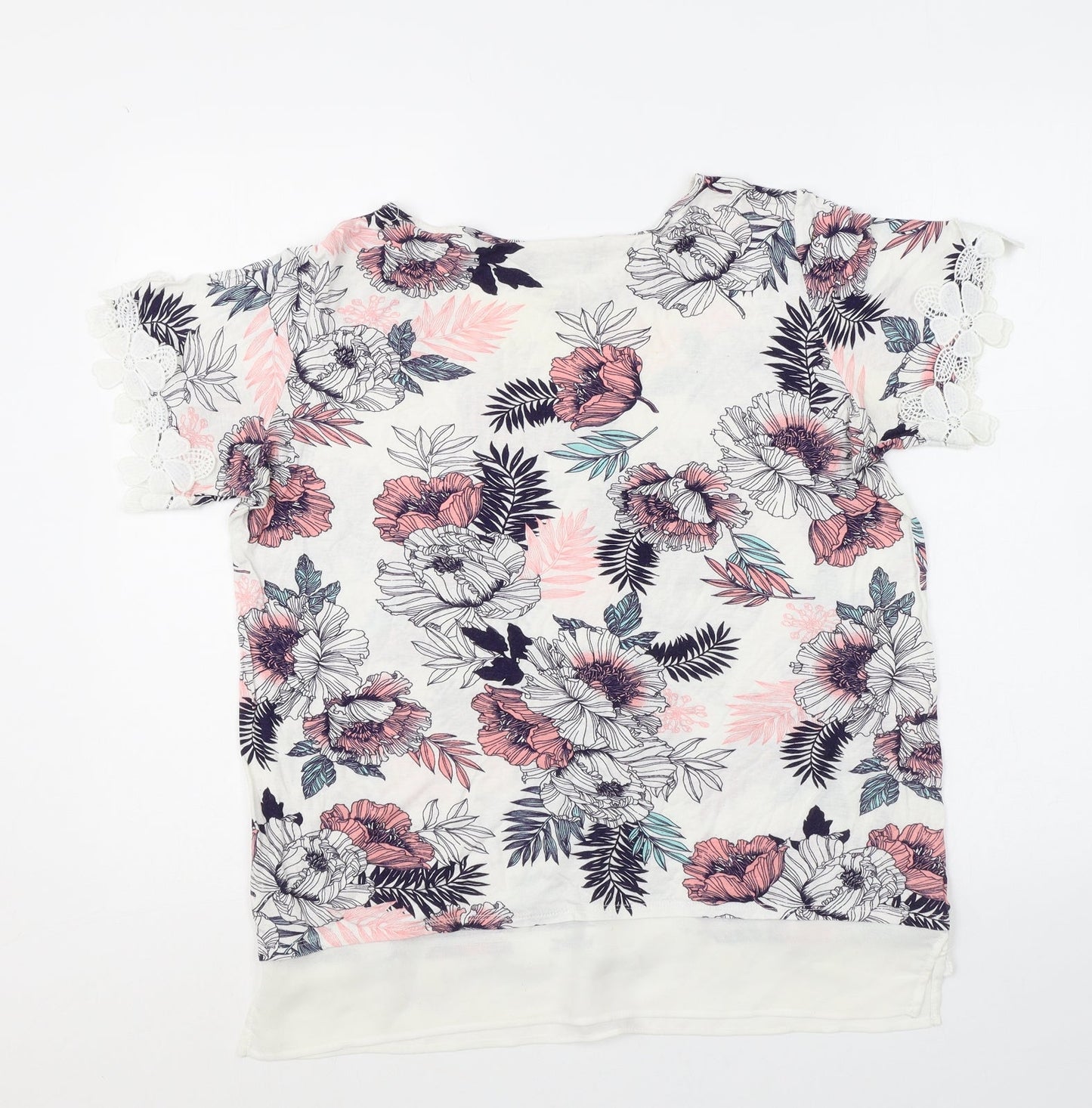 Dorothy Perkins Womens White Floral Polyester Basic Blouse Size 12 Boat Neck - Crocheted Lace Trim