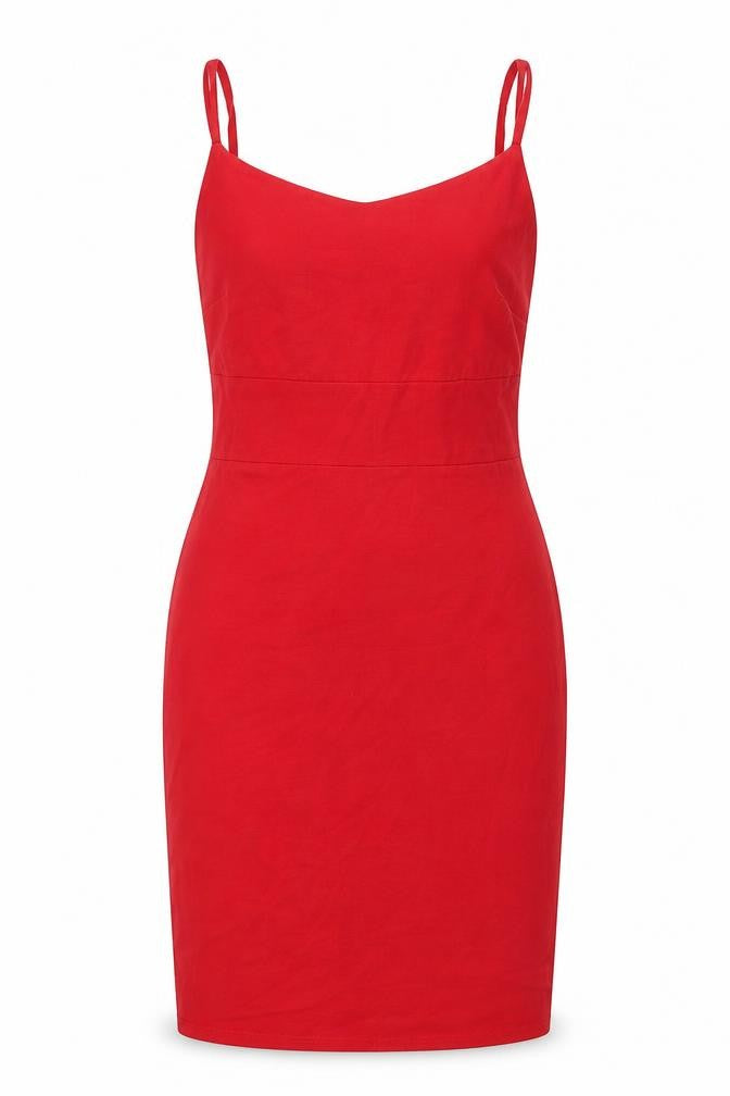 Front view of Miss Selfridge women’s red cotton shift, size UK 8, round neck pullover