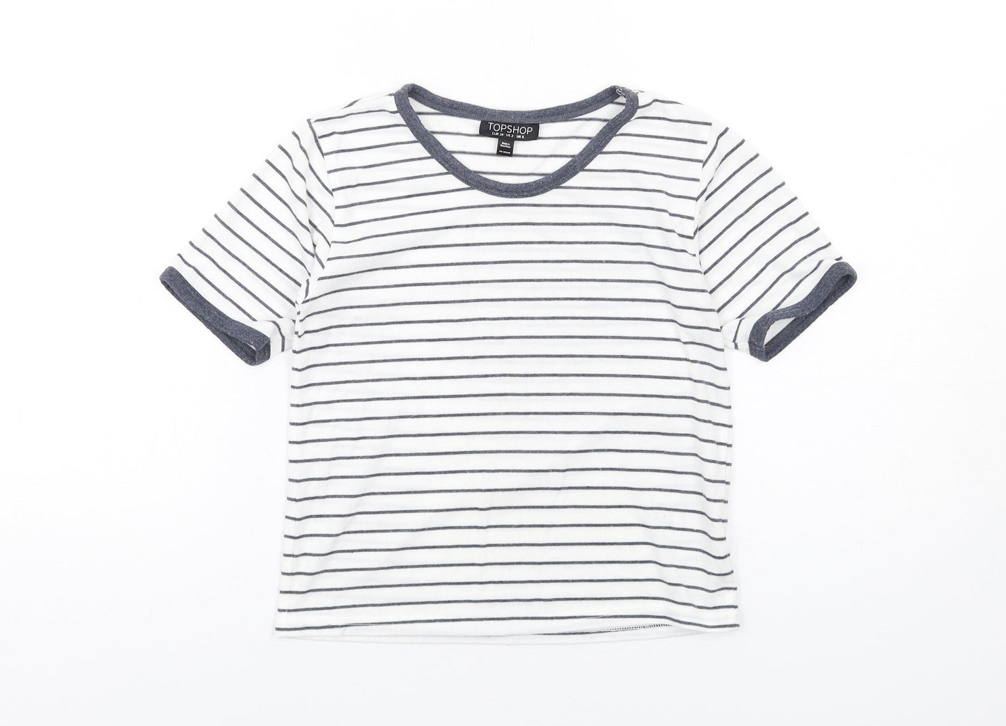 Topshop Womens White Striped Polyester Basic T-Shirt Size 6 Round Neck