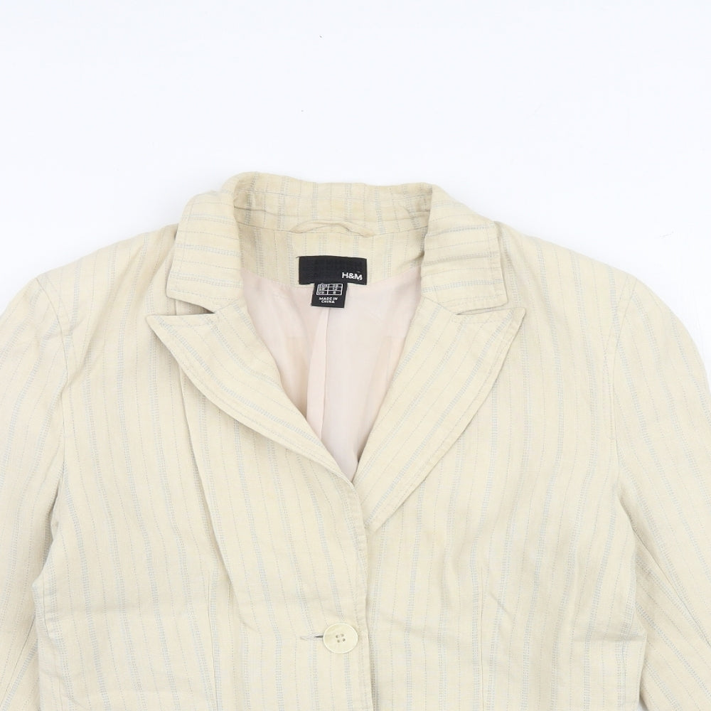 H&M Womens Beige Striped Jacket Blazer Size 12 Button