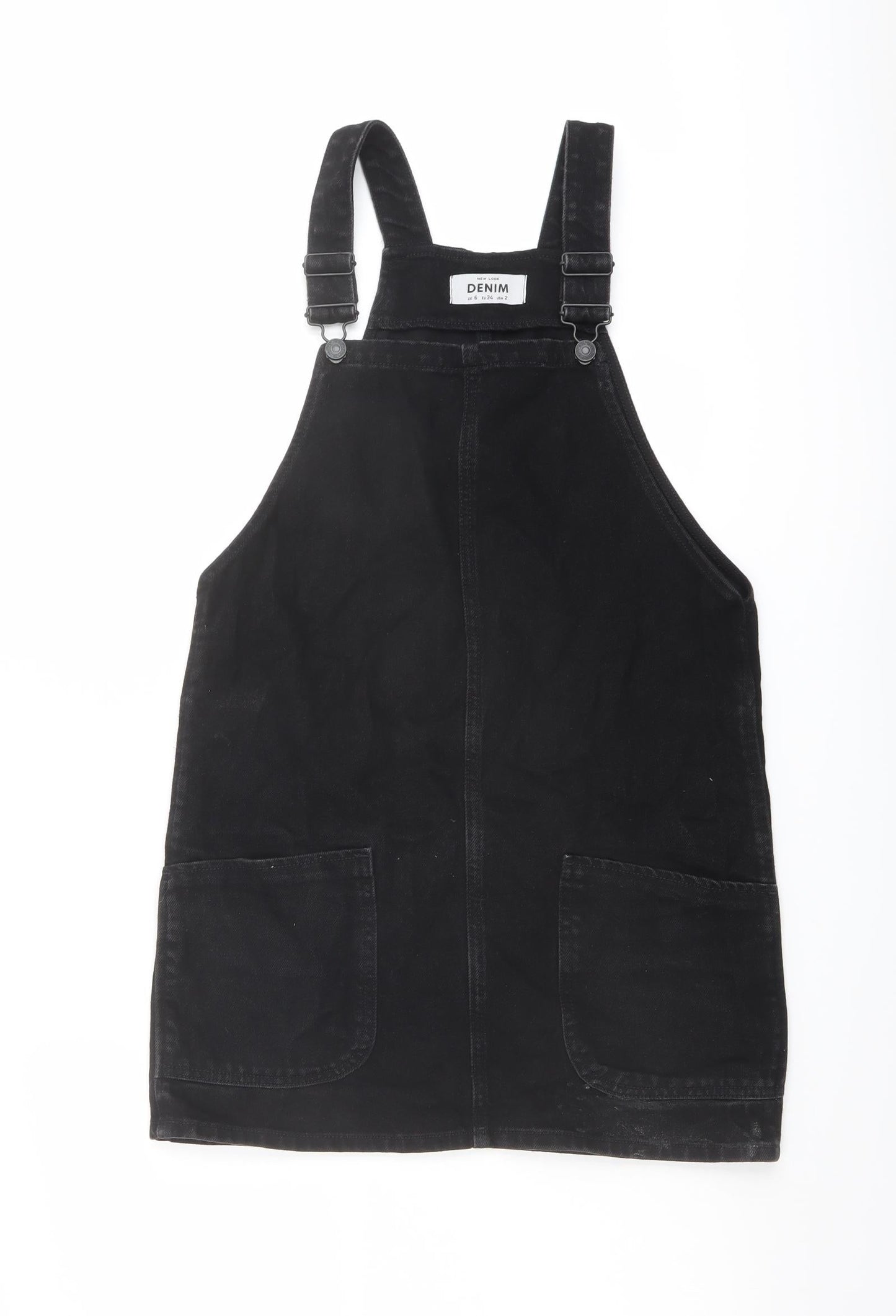 New Look Womens Black Cotton Pinafore/Dungaree Dress Size 6 Square Neck Buckle