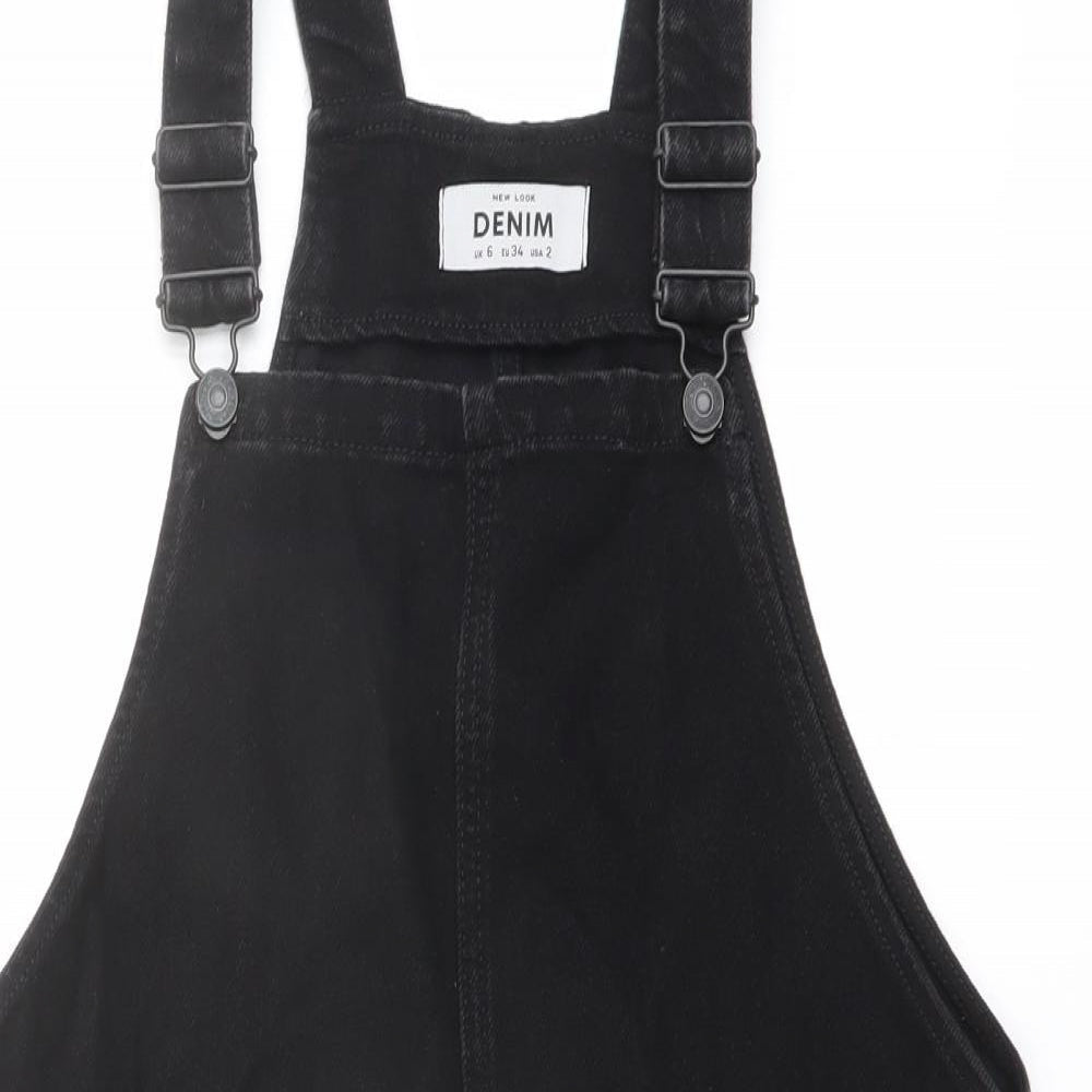 New Look Womens Black Cotton Pinafore/Dungaree Dress Size 6 Square Neck Buckle